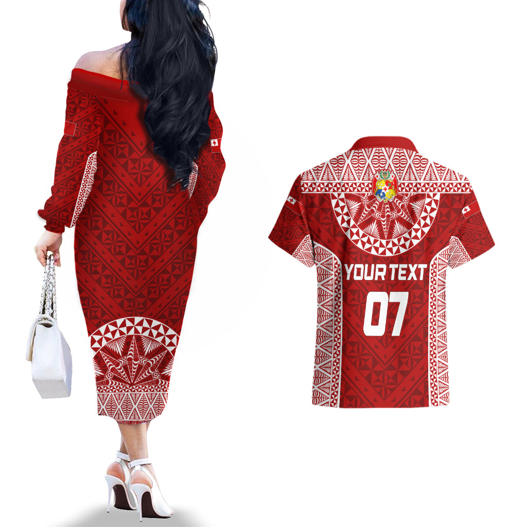 Personalised Tonga Rugby Couples Matching Off The Shoulder Long Sleeve Dress and Hawaiian Shirt Ikale Tahi Champions World Cup 2023 LT7 - Polynesian Pride