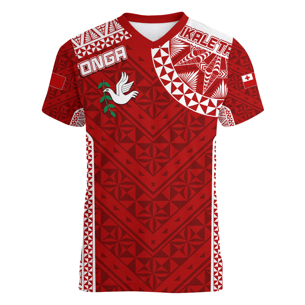 Personalised Tonga Rugby Women V Neck T Shirt Ikale Tahi Champions World Cup 2023 LT7 Female Red - Polynesian Pride