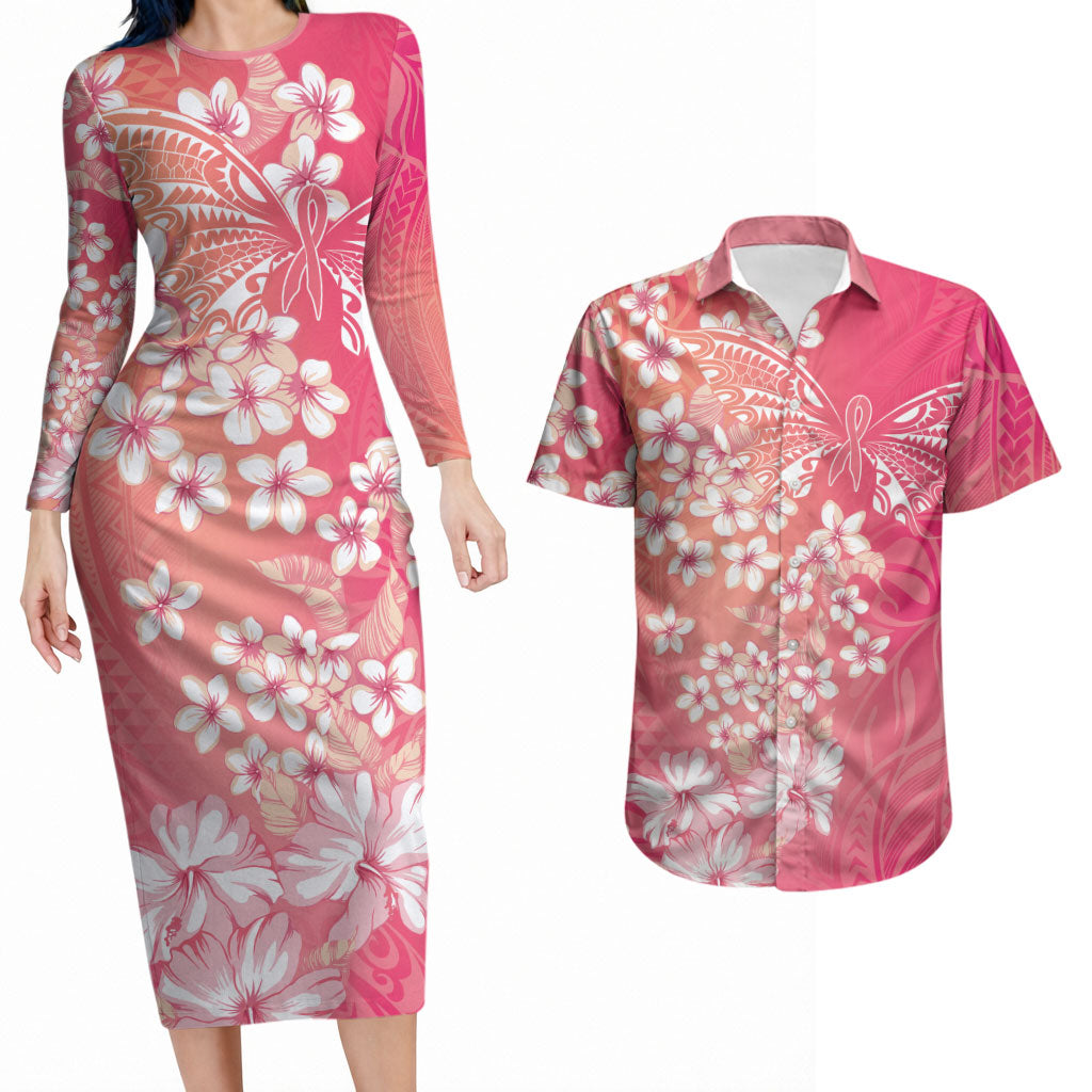 Dreamy Butterfly Polynesian - Breast Cancer Awareness Couples Matching Long Sleeve Bodycon Dress and Hawaiian Shirt Floral Vibes