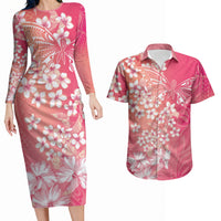 Dreamy Butterfly Polynesian - Breast Cancer Awareness Couples Matching Long Sleeve Bodycon Dress and Hawaiian Shirt Floral Vibes