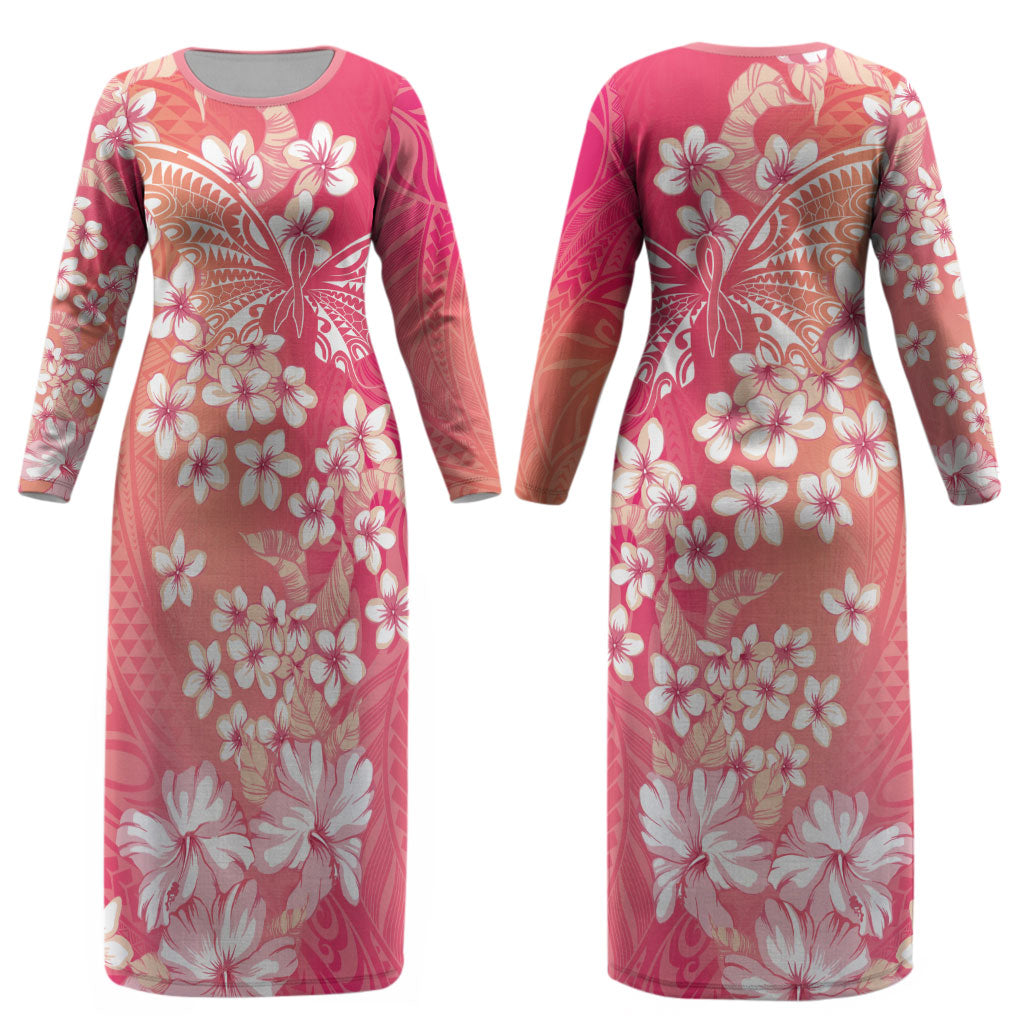 Dreamy Butterfly Polynesian - Breast Cancer Awareness Couples Matching Long Sleeve Bodycon Dress and Hawaiian Shirt Floral Vibes