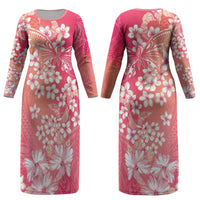 Dreamy Butterfly Polynesian - Breast Cancer Awareness Couples Matching Long Sleeve Bodycon Dress and Hawaiian Shirt Floral Vibes