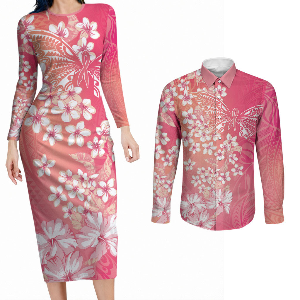 Dreamy Butterfly Polynesian - Breast Cancer Awareness Couples Matching Long Sleeve Bodycon Dress and Long Sleeve Button Shirt Floral Vibes