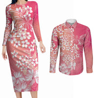 Dreamy Butterfly Polynesian - Breast Cancer Awareness Couples Matching Long Sleeve Bodycon Dress and Long Sleeve Button Shirt Floral Vibes