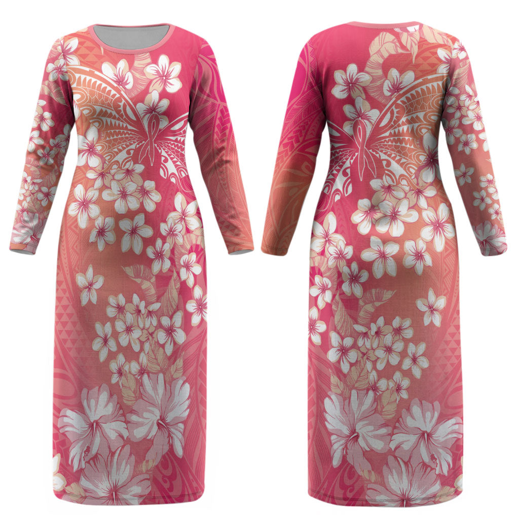 Dreamy Butterfly Polynesian - Breast Cancer Awareness Couples Matching Long Sleeve Bodycon Dress and Long Sleeve Button Shirt Floral Vibes
