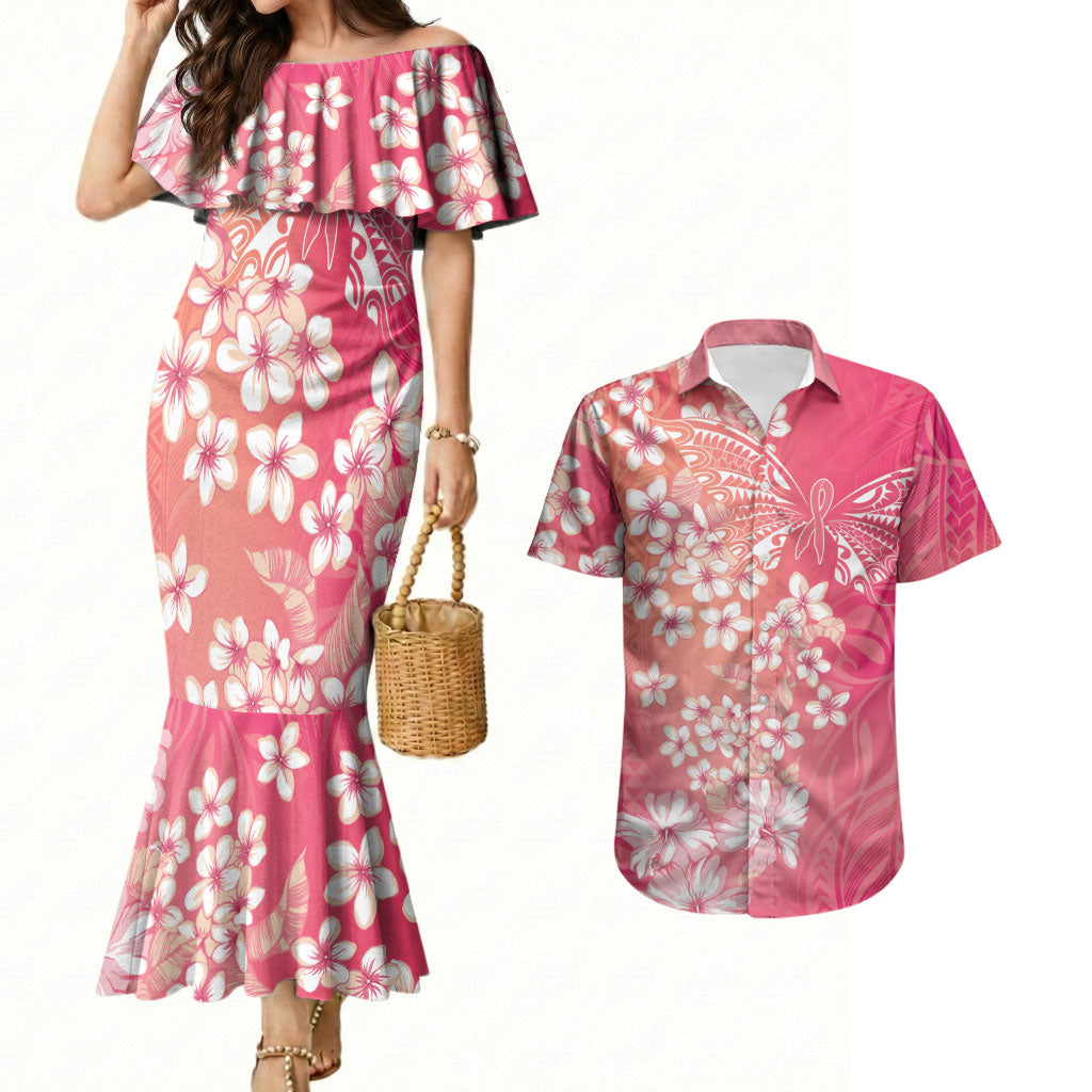 Dreamy Butterfly Polynesian - Breast Cancer Awareness Couples Matching Mermaid Dress and Hawaiian Shirt Floral Vibes