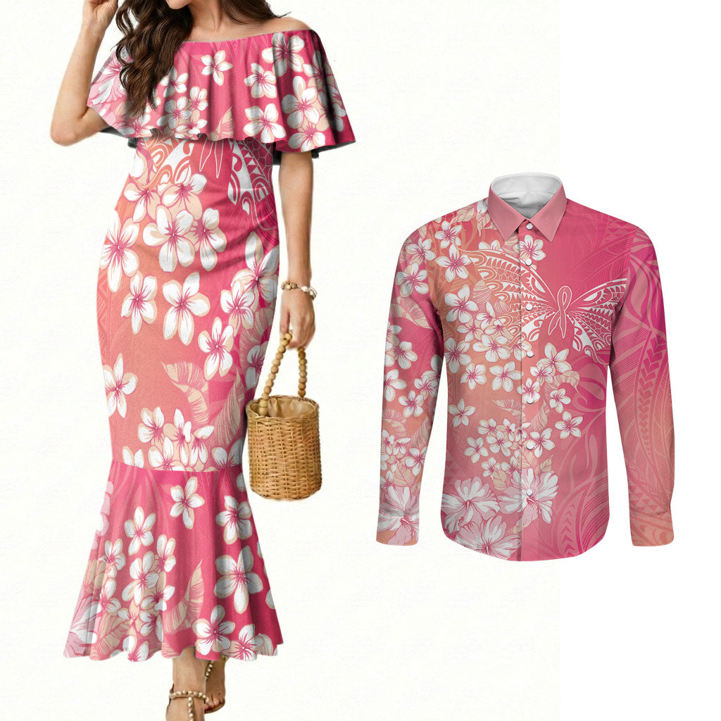 Dreamy Butterfly Polynesian - Breast Cancer Awareness Couples Matching Mermaid Dress and Long Sleeve Button Shirt Floral Vibes