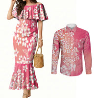Dreamy Butterfly Polynesian - Breast Cancer Awareness Couples Matching Mermaid Dress and Long Sleeve Button Shirt Floral Vibes
