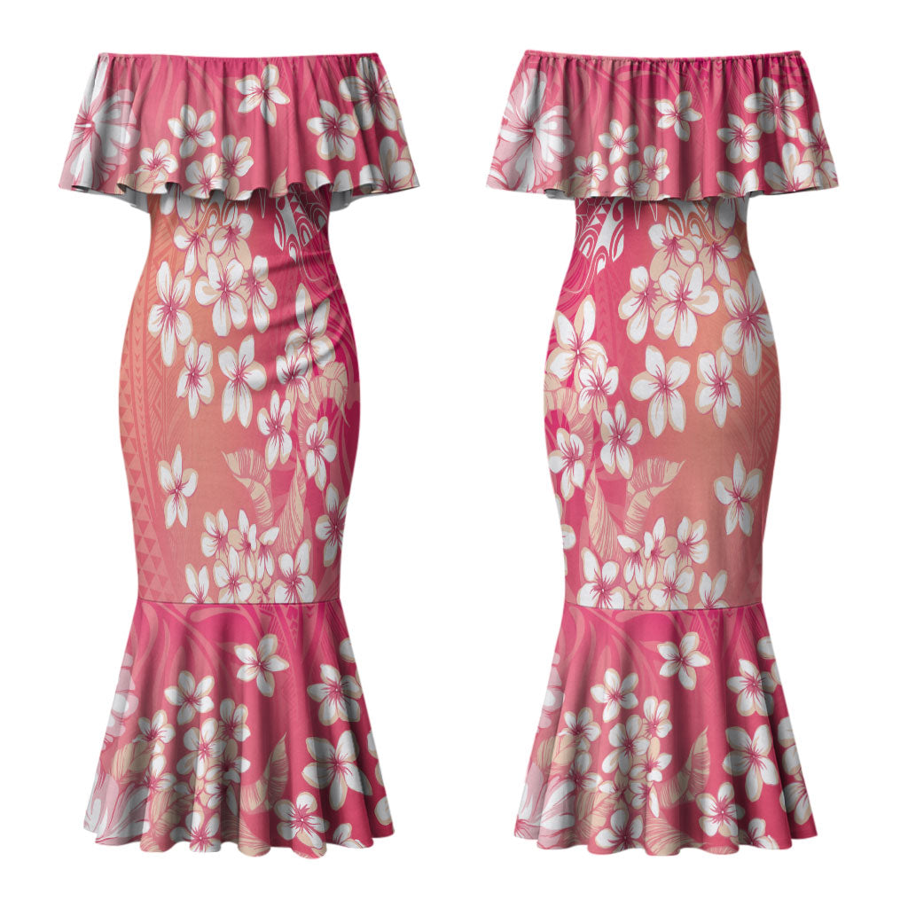 Dreamy Butterfly Polynesian - Breast Cancer Awareness Couples Matching Mermaid Dress and Long Sleeve Button Shirt Floral Vibes