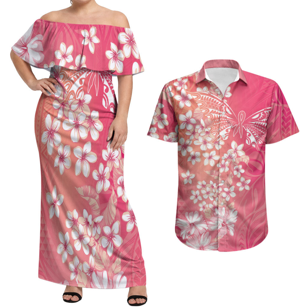 Dreamy Butterfly Polynesian - Breast Cancer Awareness Couples Matching Off Shoulder Maxi Dress and Hawaiian Shirt Floral Vibes