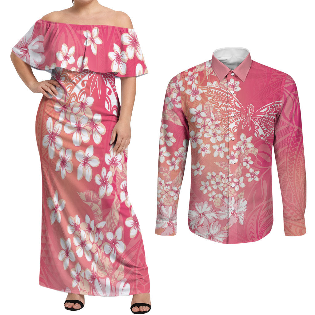 Dreamy Butterfly Polynesian - Breast Cancer Awareness Couples Matching Off Shoulder Maxi Dress and Long Sleeve Button Shirt Floral Vibes
