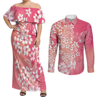 Dreamy Butterfly Polynesian - Breast Cancer Awareness Couples Matching Off Shoulder Maxi Dress and Long Sleeve Button Shirt Floral Vibes