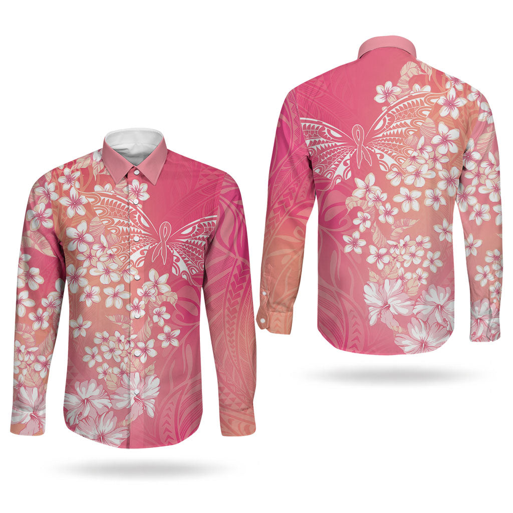 Dreamy Butterfly Polynesian - Breast Cancer Awareness Couples Matching Off Shoulder Maxi Dress and Long Sleeve Button Shirt Floral Vibes