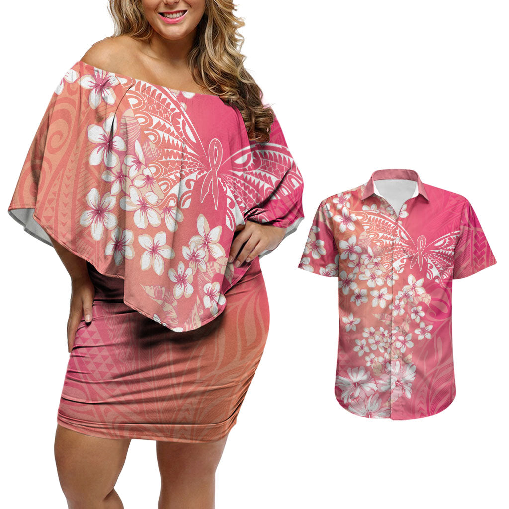 Dreamy Butterfly Polynesian - Breast Cancer Awareness Couples Matching Off Shoulder Short Dress and Hawaiian Shirt Floral Vibes