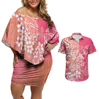 Dreamy Butterfly Polynesian - Breast Cancer Awareness Couples Matching Off Shoulder Short Dress and Hawaiian Shirt Floral Vibes