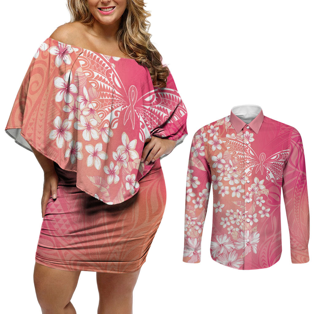 Dreamy Butterfly Polynesian - Breast Cancer Awareness Couples Matching Off Shoulder Short Dress and Long Sleeve Button Shirt Floral Vibes