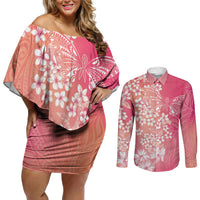 Dreamy Butterfly Polynesian - Breast Cancer Awareness Couples Matching Off Shoulder Short Dress and Long Sleeve Button Shirt Floral Vibes