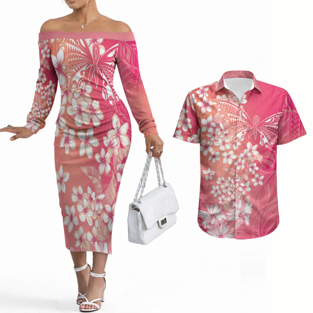 Dreamy Butterfly Polynesian - Breast Cancer Awareness Couples Matching Off The Shoulder Long Sleeve Dress and Hawaiian Shirt Floral Vibes