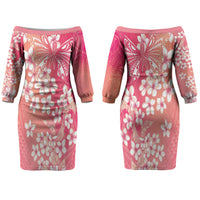 Dreamy Butterfly Polynesian - Breast Cancer Awareness Couples Matching Off The Shoulder Long Sleeve Dress and Hawaiian Shirt Floral Vibes