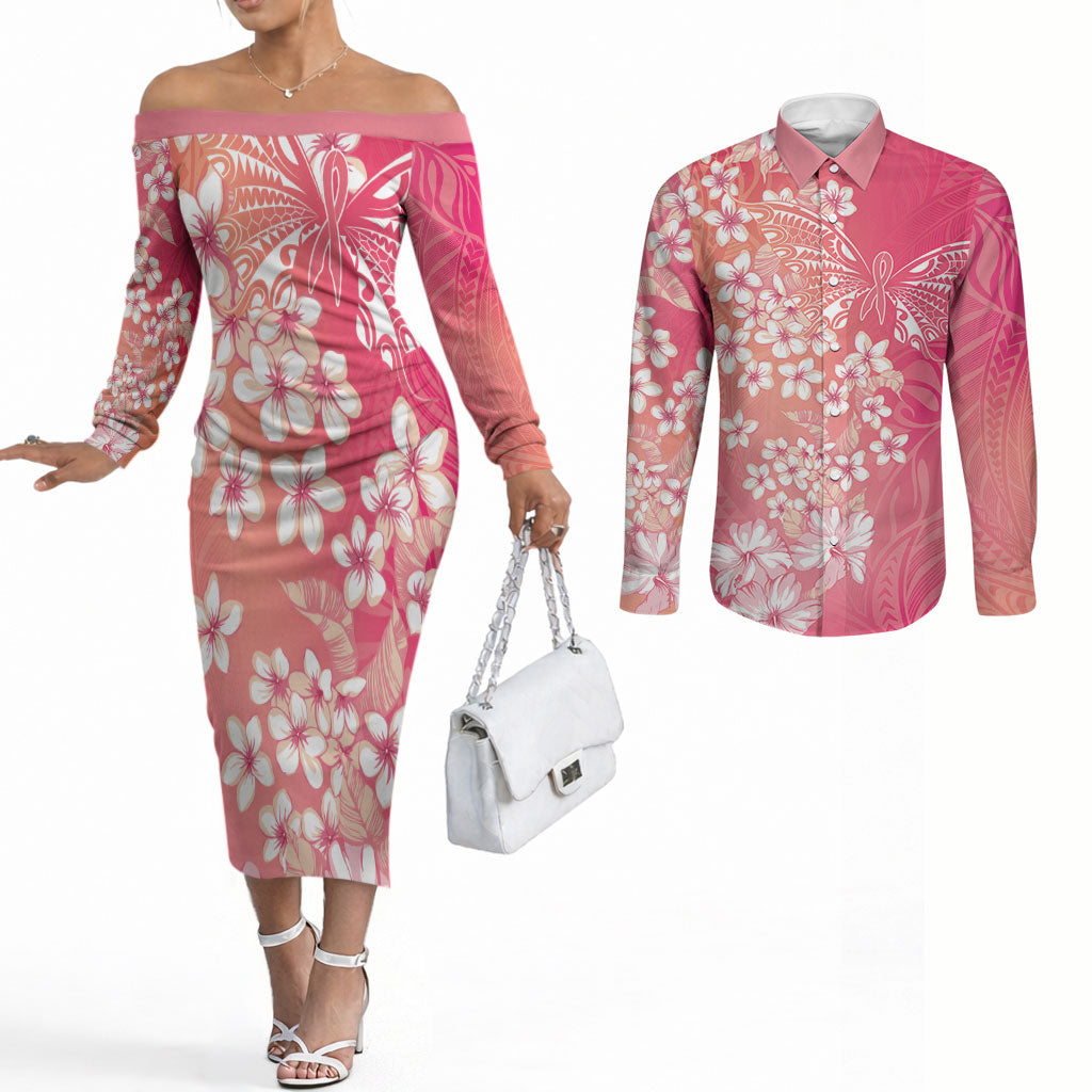 Dreamy Butterfly Polynesian - Breast Cancer Awareness Couples Matching Off The Shoulder Long Sleeve Dress and Long Sleeve Button Shirt Floral Vibes