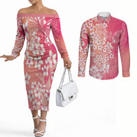 Dreamy Butterfly Polynesian - Breast Cancer Awareness Couples Matching Off The Shoulder Long Sleeve Dress and Long Sleeve Button Shirt Floral Vibes