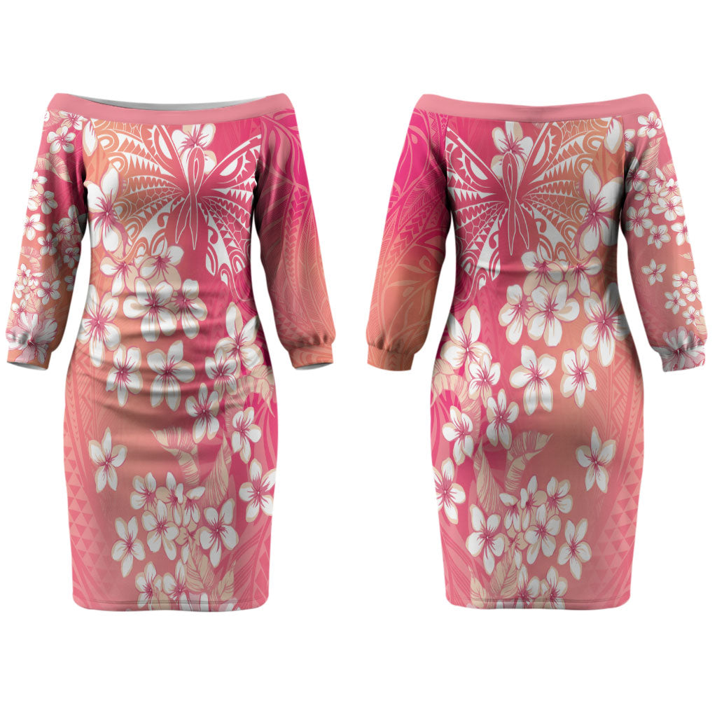 Dreamy Butterfly Polynesian - Breast Cancer Awareness Couples Matching Off The Shoulder Long Sleeve Dress and Long Sleeve Button Shirt Floral Vibes