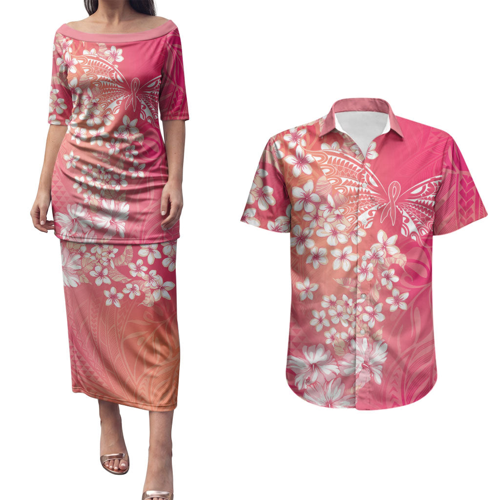 Dreamy Butterfly Polynesian - Breast Cancer Awareness Couples Matching Puletasi and Hawaiian Shirt Floral Vibes