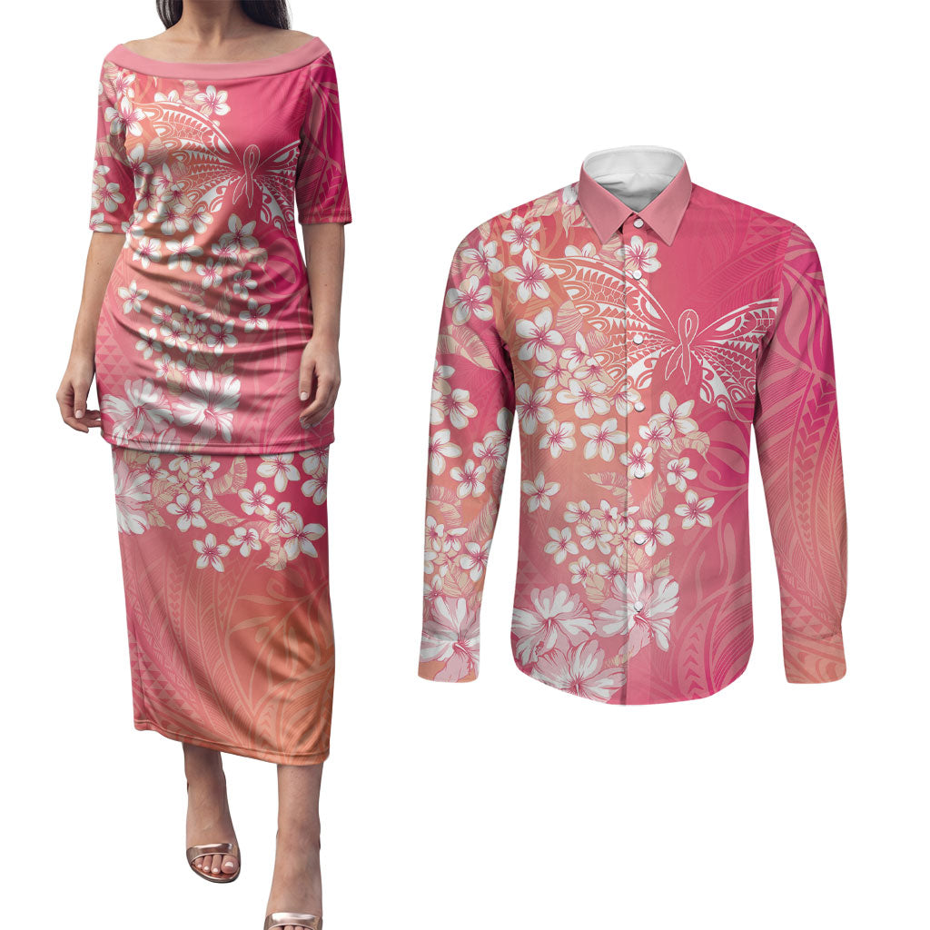 Dreamy Butterfly Polynesian - Breast Cancer Awareness Couples Matching Puletasi and Long Sleeve Button Shirt Floral Vibes