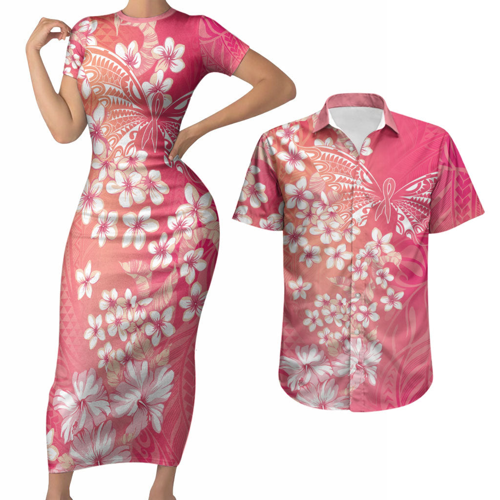 Dreamy Butterfly Polynesian - Breast Cancer Awareness Couples Matching Short Sleeve Bodycon Dress and Hawaiian Shirt Floral Vibes