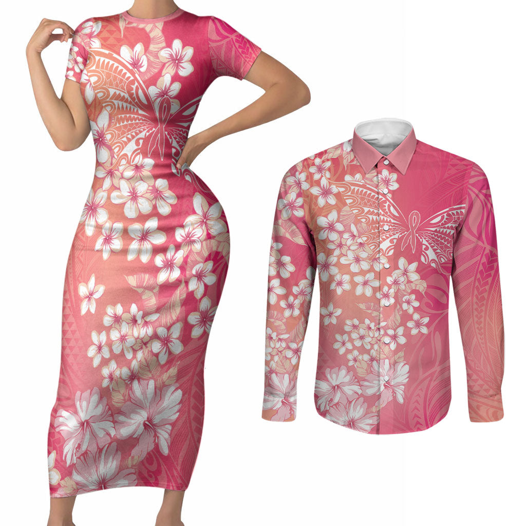 Dreamy Butterfly Polynesian - Breast Cancer Awareness Couples Matching Short Sleeve Bodycon Dress and Long Sleeve Button Shirt Floral Vibes