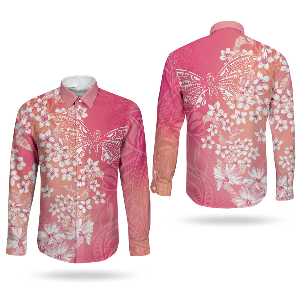 Dreamy Butterfly Polynesian - Breast Cancer Awareness Couples Matching Short Sleeve Bodycon Dress and Long Sleeve Button Shirt Floral Vibes