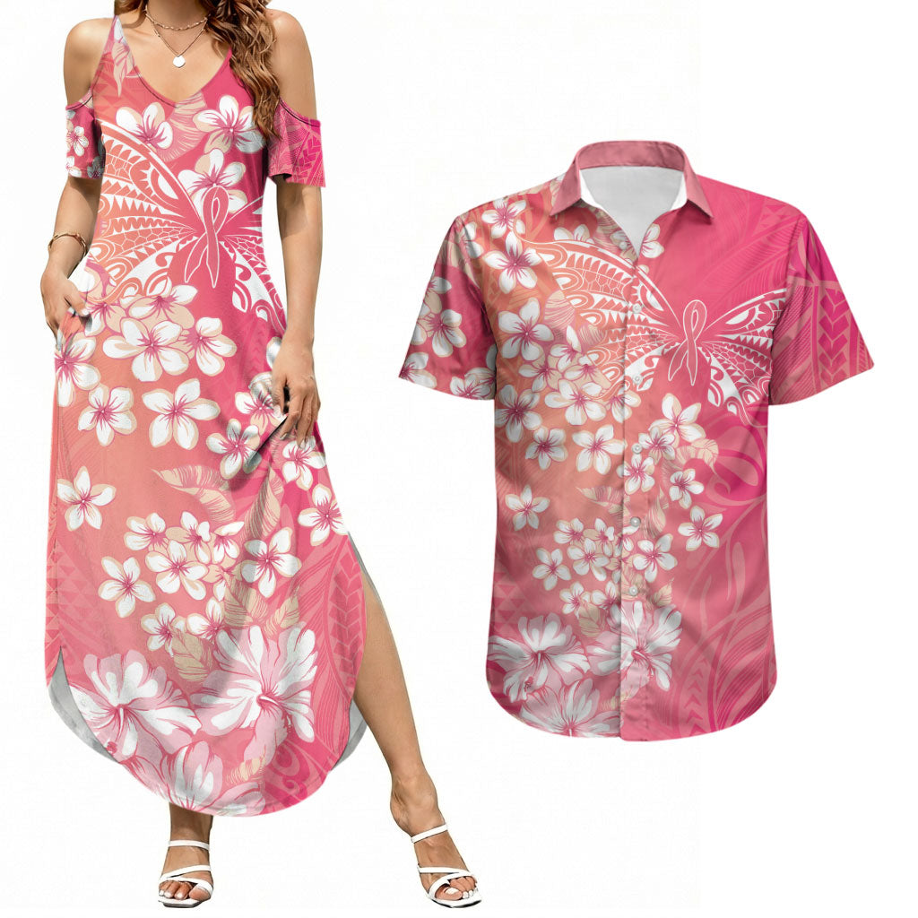Dreamy Butterfly Polynesian - Breast Cancer Awareness Couples Matching Summer Maxi Dress and Hawaiian Shirt Floral Vibes