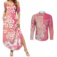Dreamy Butterfly Polynesian - Breast Cancer Awareness Couples Matching Summer Maxi Dress and Long Sleeve Button Shirt Floral Vibes