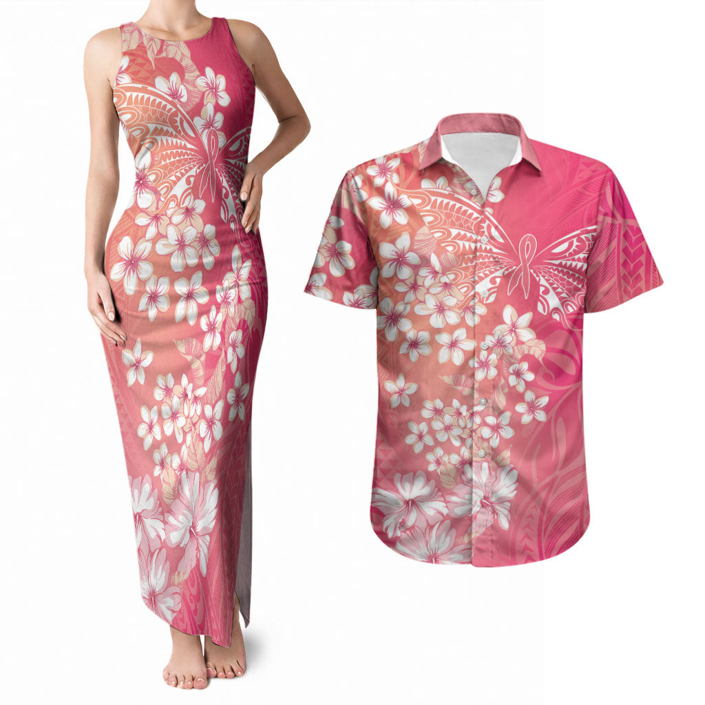 Dreamy Butterfly Polynesian - Breast Cancer Awareness Couples Matching Tank Maxi Dress and Hawaiian Shirt Floral Vibes