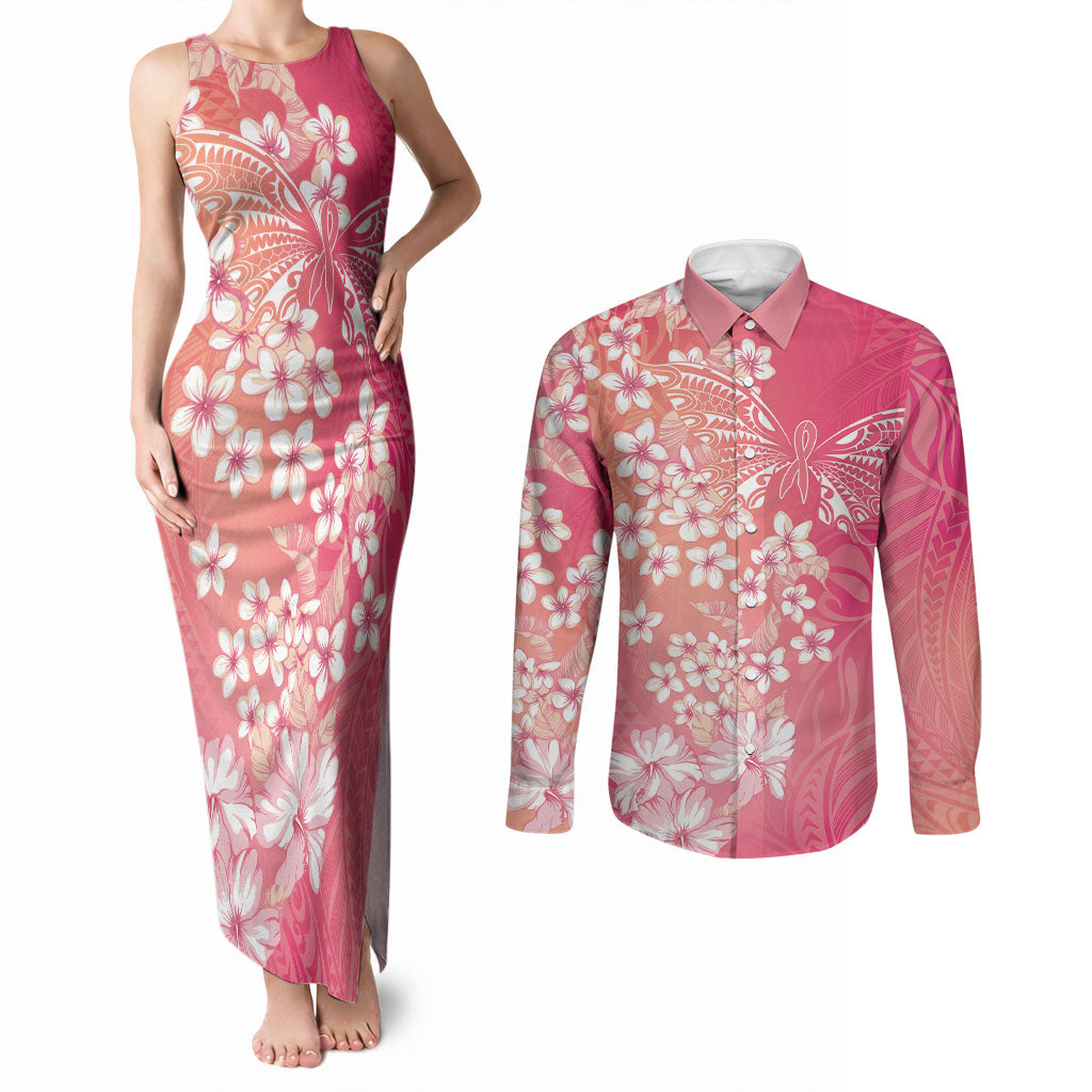 Dreamy Butterfly Polynesian - Breast Cancer Awareness Couples Matching Tank Maxi Dress and Long Sleeve Button Shirt Floral Vibes