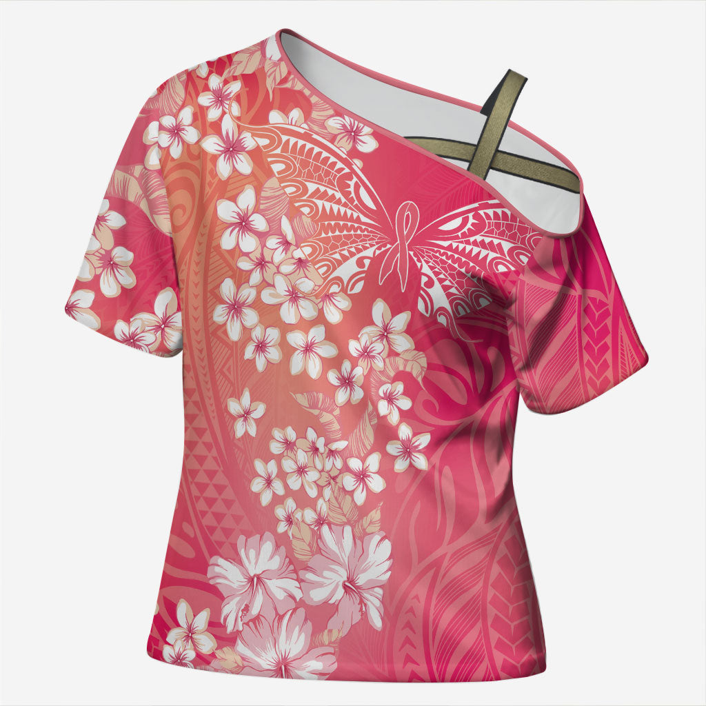Dreamy Butterfly Polynesian - Breast Cancer Awareness Cross Shoulder Shirt Floral Vibes