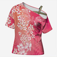 Dreamy Butterfly Polynesian - Breast Cancer Awareness Cross Shoulder Shirt Floral Vibes
