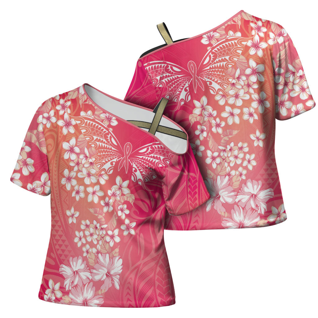 Dreamy Butterfly Polynesian - Breast Cancer Awareness Cross Shoulder Shirt Floral Vibes