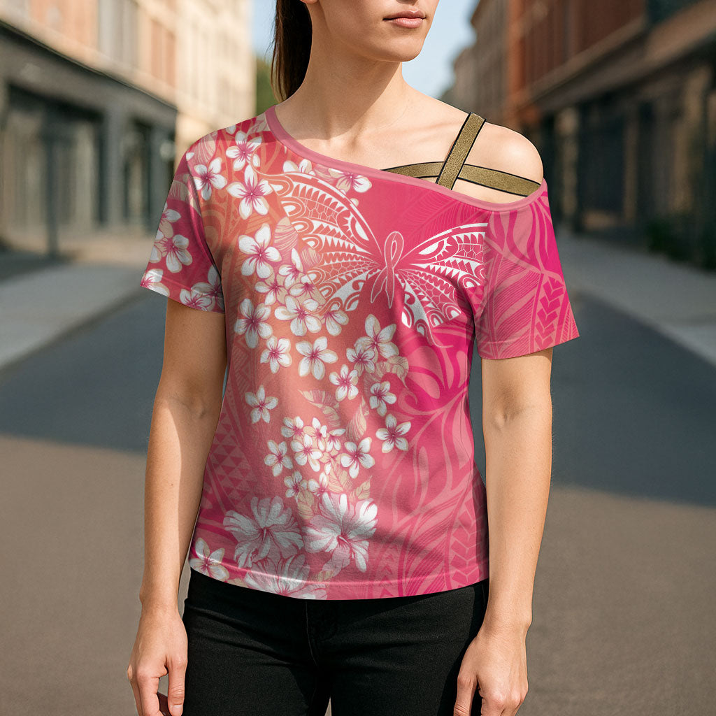 Dreamy Butterfly Polynesian - Breast Cancer Awareness Cross Shoulder Shirt Floral Vibes