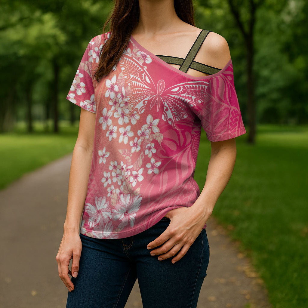 Dreamy Butterfly Polynesian - Breast Cancer Awareness Cross Shoulder Shirt Floral Vibes