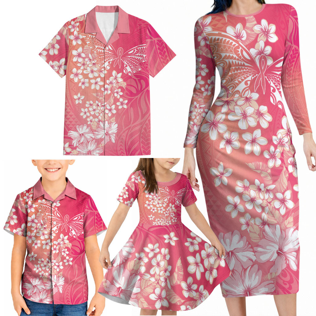 Dreamy Butterfly Polynesian - Breast Cancer Awareness Family Matching Long Sleeve Bodycon Dress and Hawaiian Shirt Floral Vibes