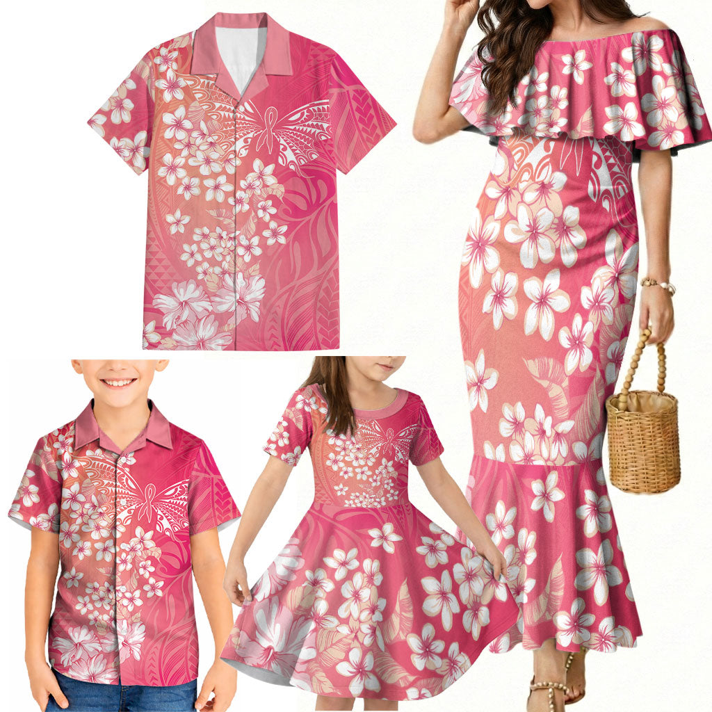 Dreamy Butterfly Polynesian - Breast Cancer Awareness Family Matching Mermaid Dress and Hawaiian Shirt Floral Vibes