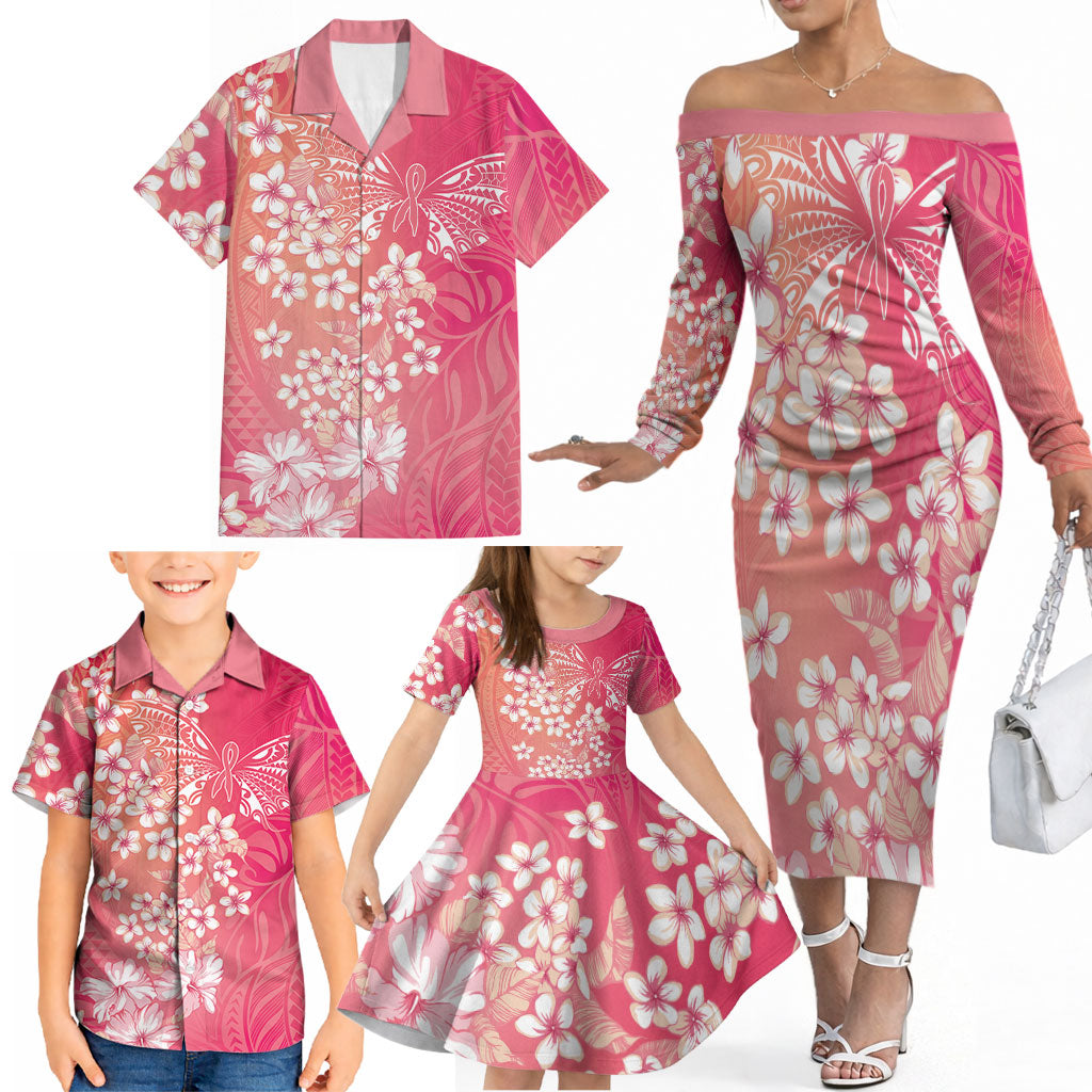 Dreamy Butterfly Polynesian - Breast Cancer Awareness Family Matching Off The Shoulder Long Sleeve Dress and Hawaiian Shirt Floral Vibes