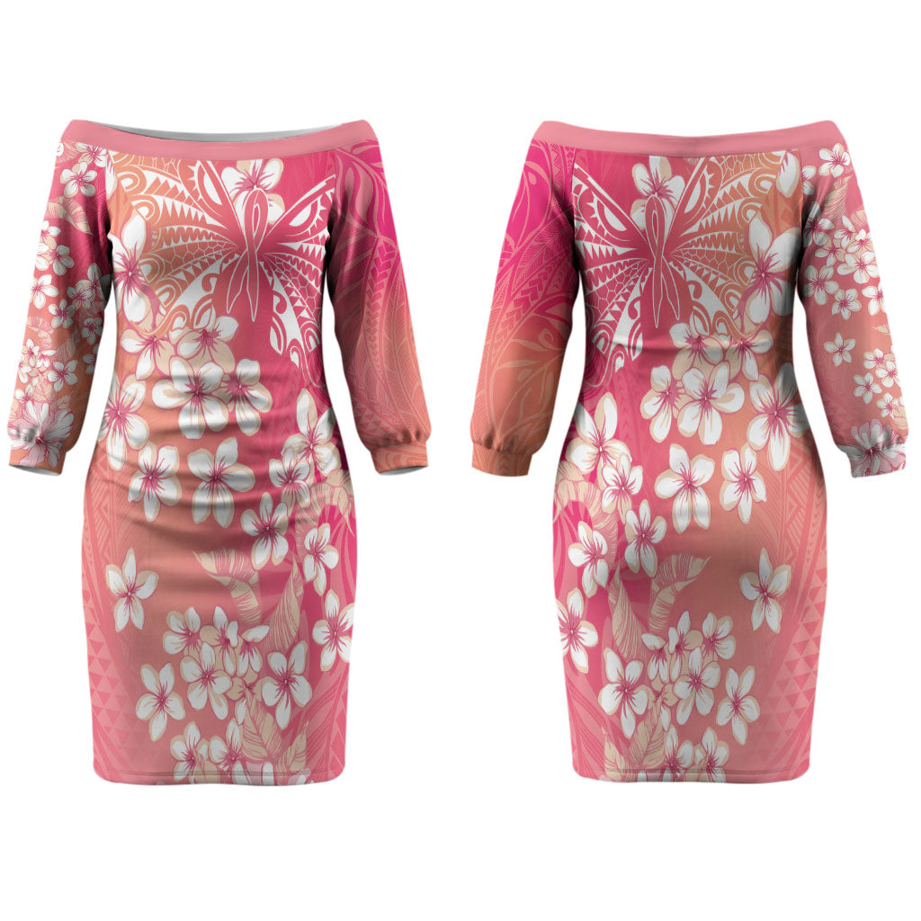 Dreamy Butterfly Polynesian - Breast Cancer Awareness Family Matching Off The Shoulder Long Sleeve Dress and Hawaiian Shirt Floral Vibes