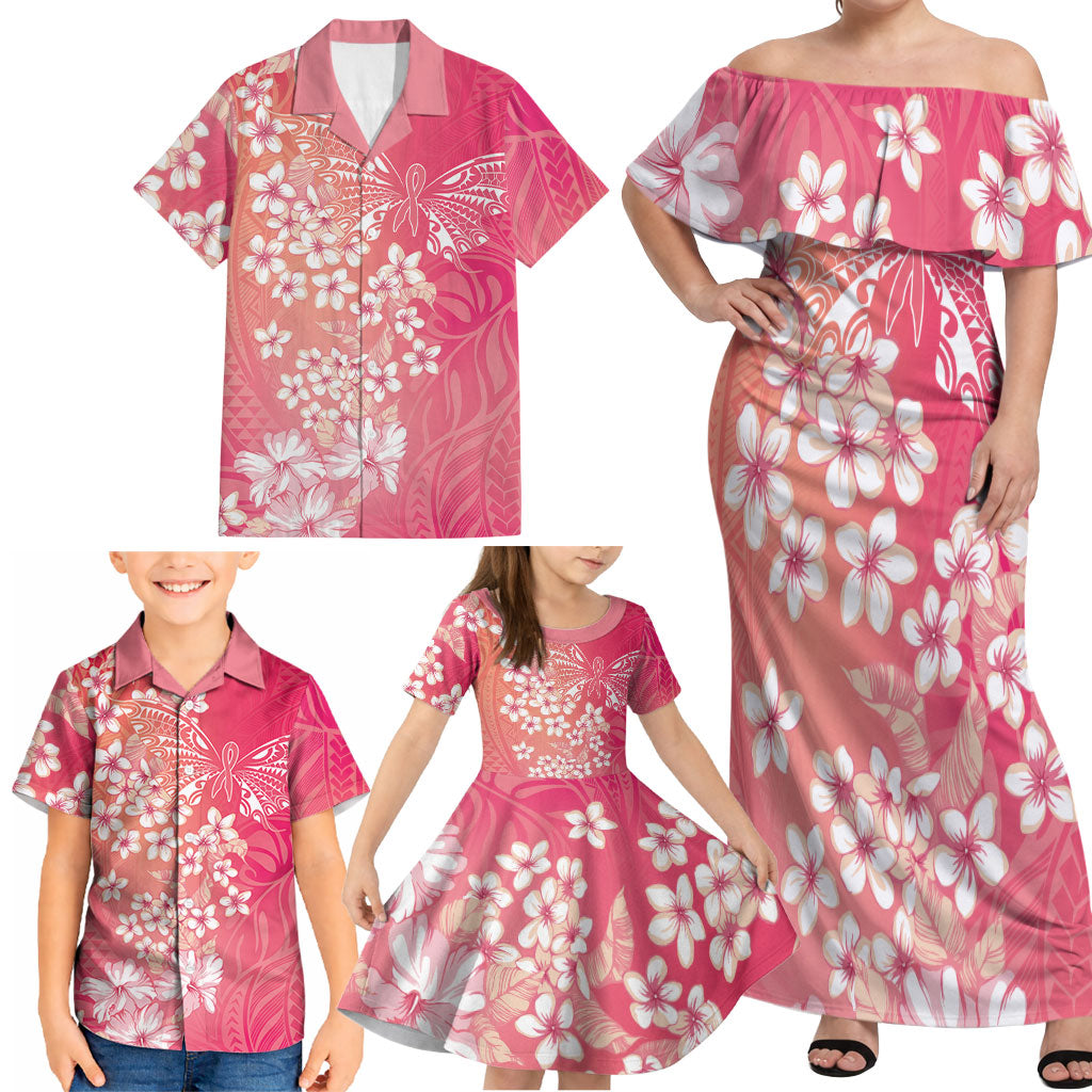 Dreamy Butterfly Polynesian - Breast Cancer Awareness Family Matching Off Shoulder Maxi Dress and Hawaiian Shirt Floral Vibes
