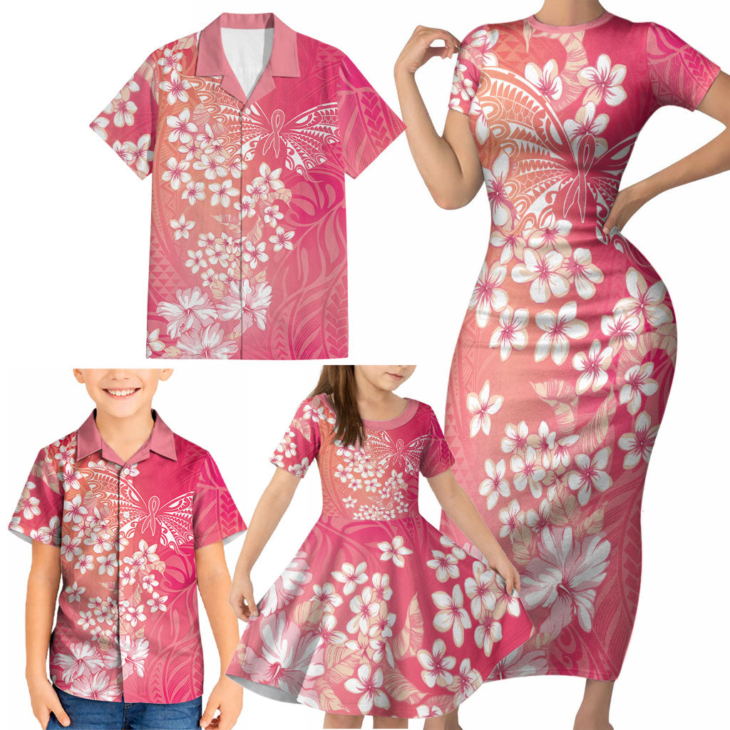 Dreamy Butterfly Polynesian - Breast Cancer Awareness Family Matching Short Sleeve Bodycon Dress and Hawaiian Shirt Floral Vibes