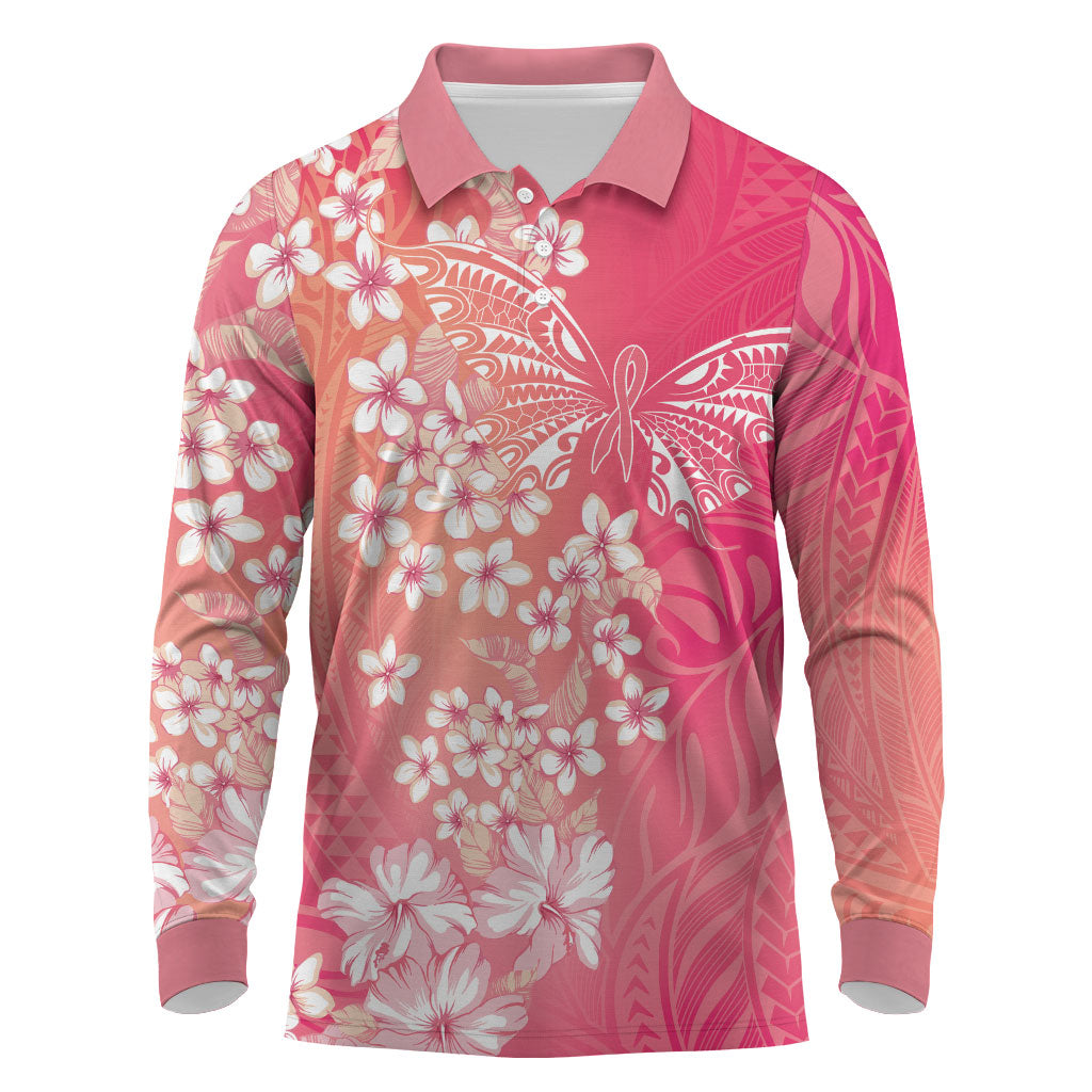 Dreamy Butterfly Polynesian - Breast Cancer Awareness Long Sleeve Polo Shirt Floral Vibes