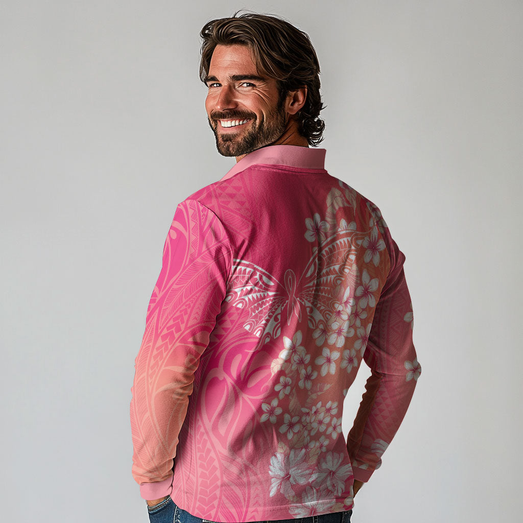 Dreamy Butterfly Polynesian - Breast Cancer Awareness Long Sleeve Polo Shirt Floral Vibes