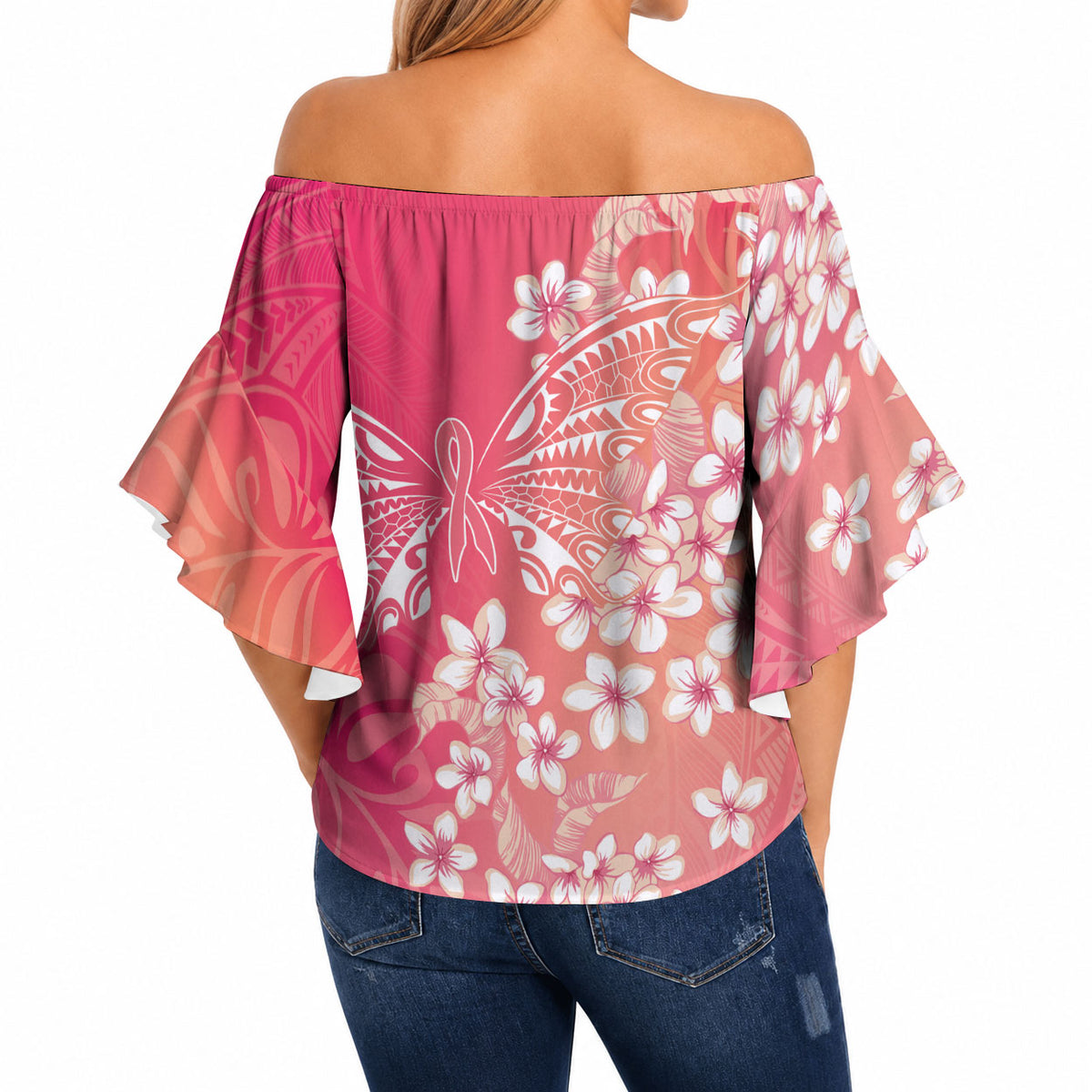 Dreamy Butterfly Polynesian - Breast Cancer Awareness Off Shoulder Wrap Waist Top Floral Vibes