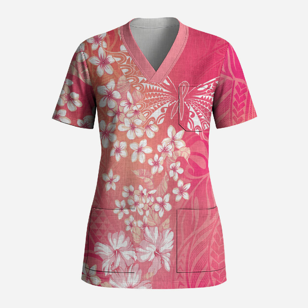 Dreamy Butterfly Polynesian - Breast Cancer Awareness Scrub Top Floral Vibes